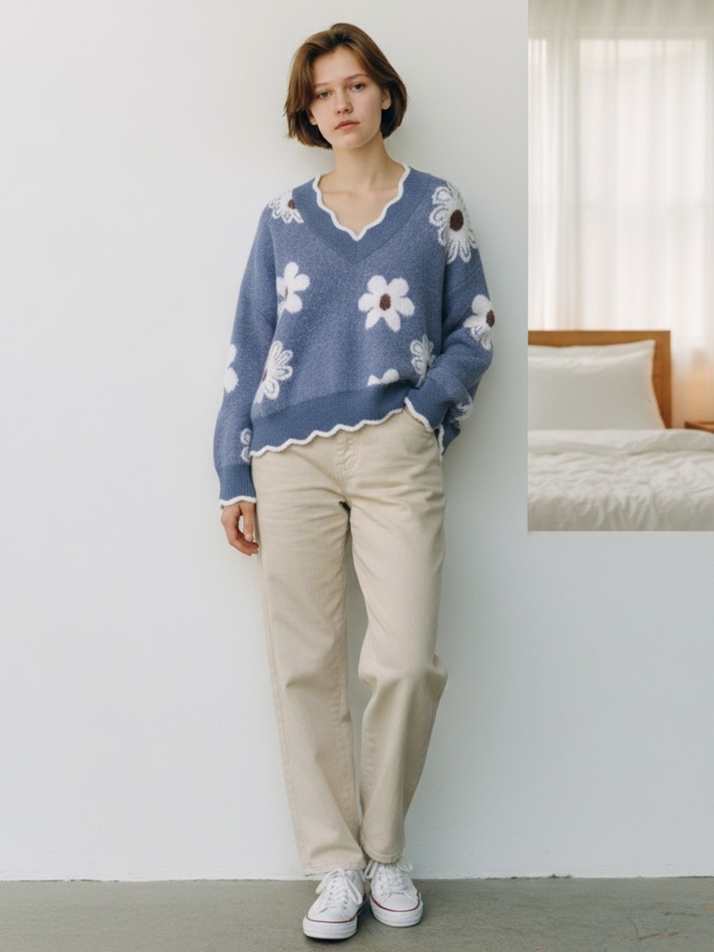SHEIN Blue V-Neck Floral Knit Sweater